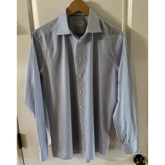 Eton‎ Dress Shirt Slim Blue Long Sleeve Button Up Micro Check Preppy Mens Large - Picture 2 of 12